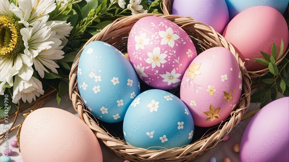 Background with colored chicken eggs. Background for Easter.