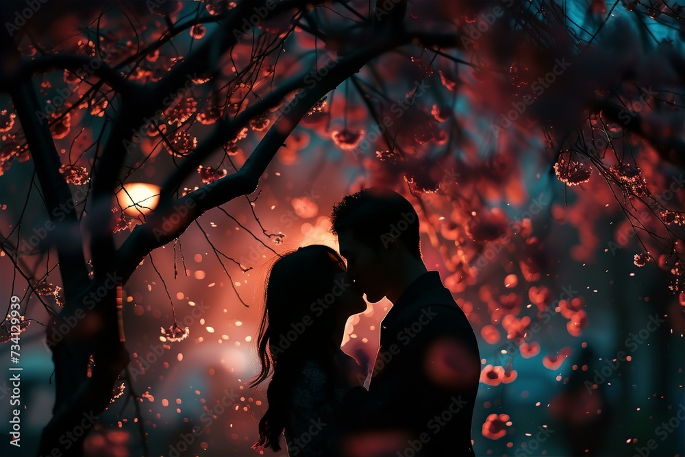 a silhouette of a couple kissing under cherry blossom trees, romantic, cinematic moment