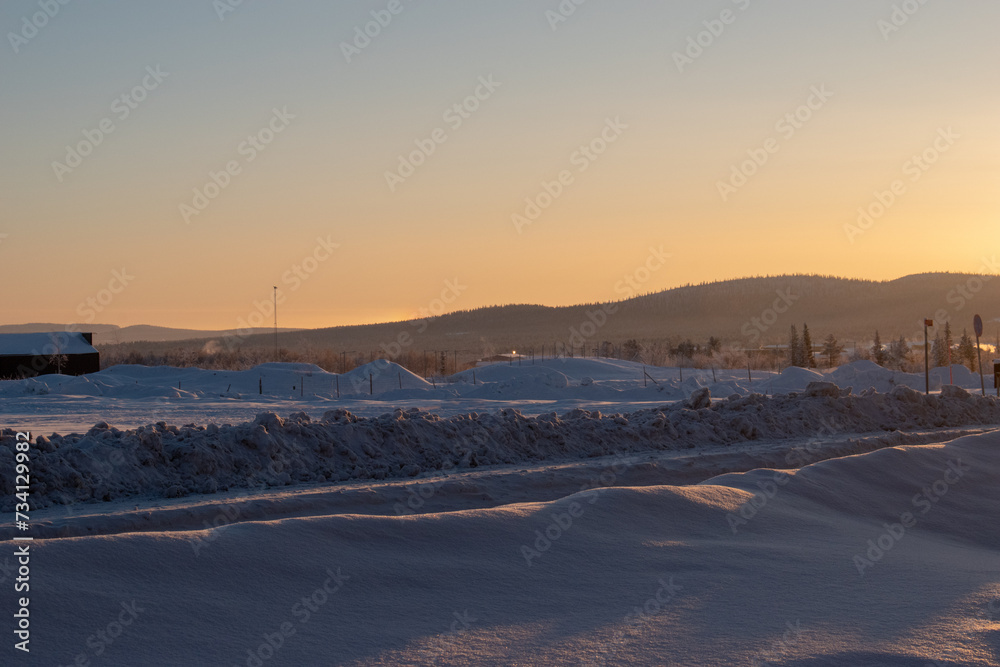 Idyllic panoramic view of a beautiful white winter wonderland scenery in Scandinavia, Swedish Lapland.