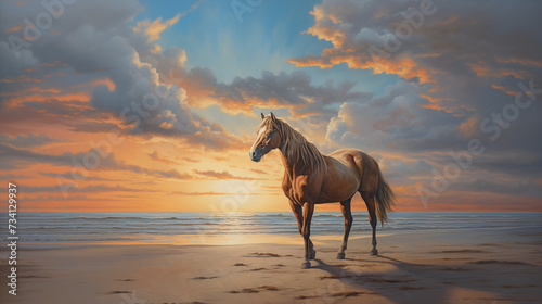 A brown horse standing on top of a sandy beach under a cloudy blue and orange sky with a sunset.