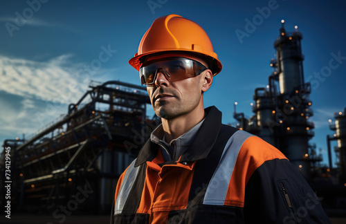 An engineer wearing a hard hat and safety glasses stands in front of an oil refinery industry.