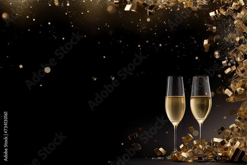 glasses of champagne with bokeh light on black background