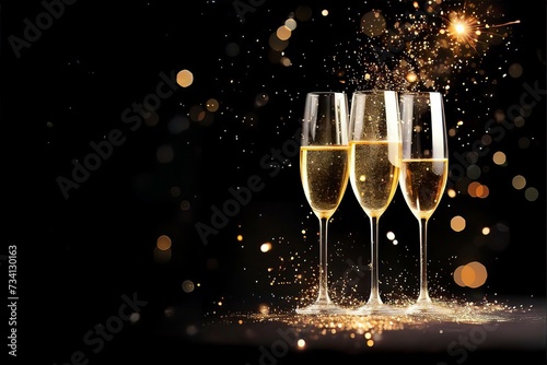 glasses of champagne with bokeh light on black background