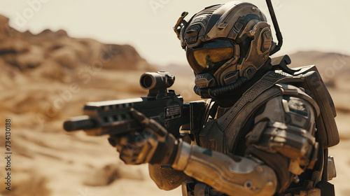A man clad in futuristic combat armor and helmet takes aim with his rifle in the barren expanse of an arid desert environment photo