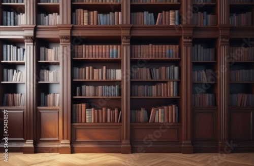 World Book and Copyright Day, international day of poets and writers, home library interior, wooden bookshelves, old books, conservative office style