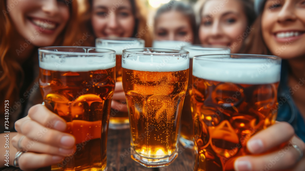 Beer glasses in the pub, friends drinking beer Beer glasses in the pub, friends drinking beer