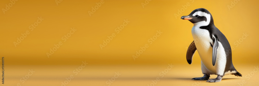 World Penguin Day, cute baby bird, funny little penguin, yellow background, horizontal web banner, place for text World Penguin Day, cute baby bird, funny little penguin, yellow background, horizontal web banner, place for text