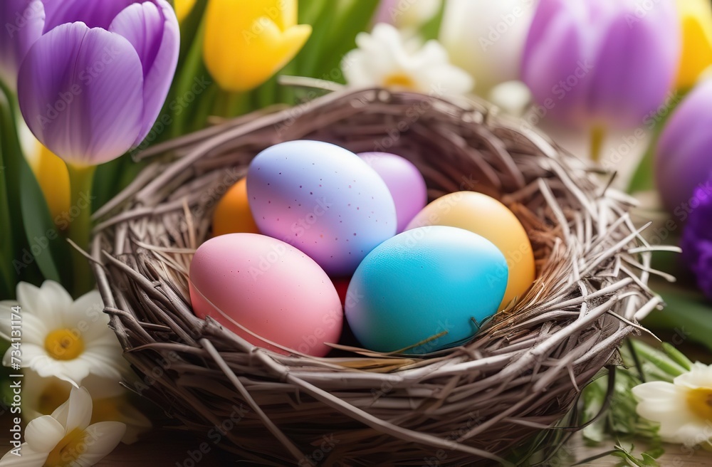 Colorful Easter eggs in a nest on a background of spring flowers