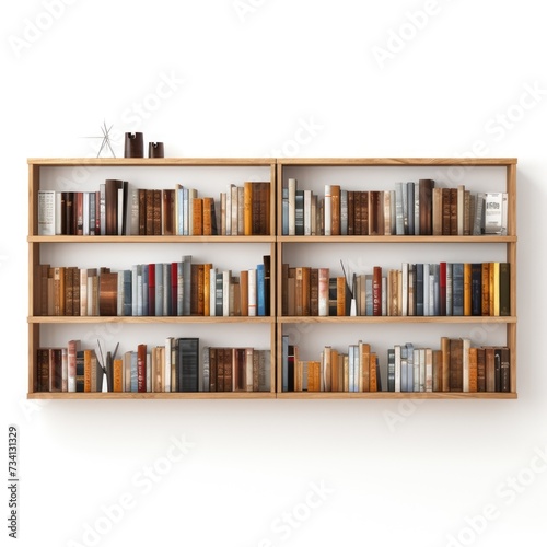 Bookshelf realistic illustration on white background. Bookshelves full of books both in the library