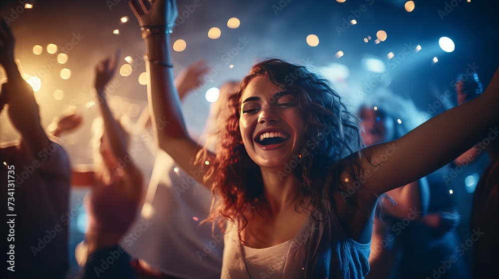 Happy woman, dance and party in nightclub with friends, social event and new year concert. Dancing group, women and disco celebration with music, night life and crowd for energy, smile and happiness Happy woman, dance and party in nightclub with friends, social event and new year concert. Dancing group, women and disco celebration with music, night life and crowd for energy, smile and happiness