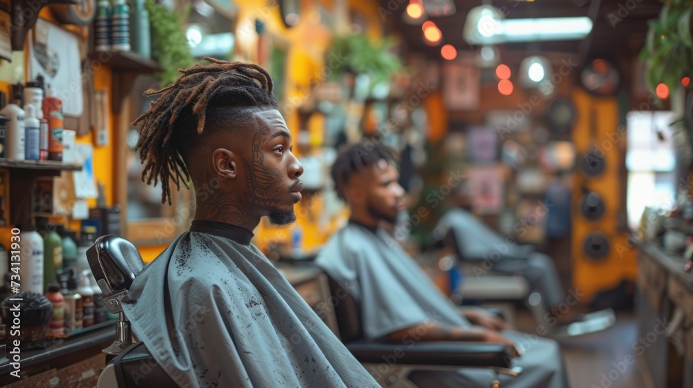 Black customers receive a haircut from barbers