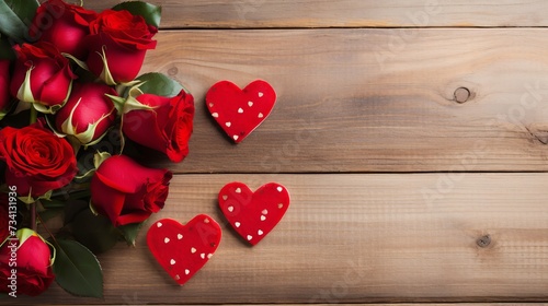 Hearts and a bouquet of red roses on wooden board, Valentines Day background