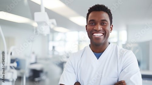Highly qualified young black dentist posing at clinic over modern cabinet, empty space photo
