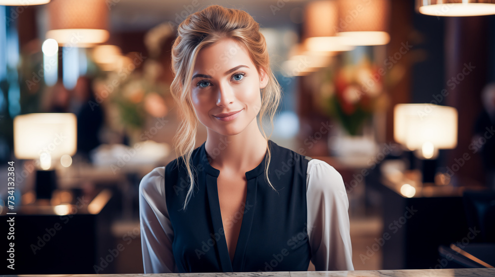 he receptionist of a luxury hotel at the lobby he receptionist of a luxury hotel at the lobby