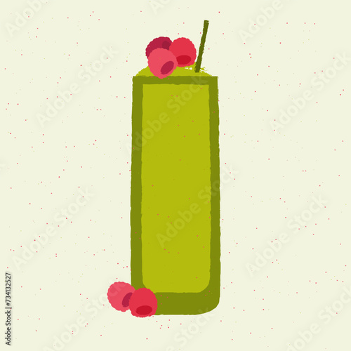 Green cocktail with raspberries. Smoothie in high glass. Fresh greens. Alcohol drink for bar. Cold soft liquid in tall glass. Non-alcoholic beverage. Flat vector illustration with texture