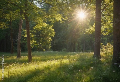 Scenic forest of fresh green deciduous trees framed by leaves, with the sun casting its warm rays through the foliage