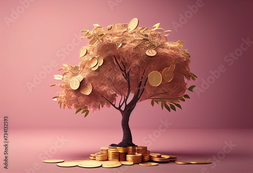 3D tree money growth with gold coin stack isolated on pink background. Concept of saving money for future. business financial investment and income. economy market banking. 3d render. Generative AI © David