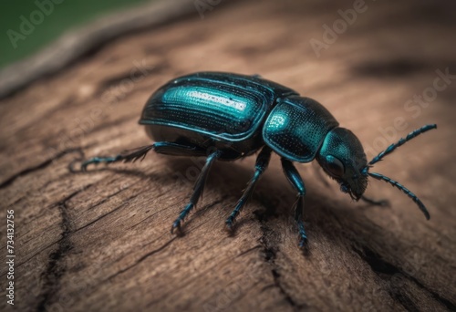 Close-up of a shiny blue beetle on a wooden surface in a forest with a blurred background