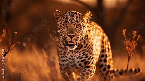 Leopard, Panthera pardus shortidgei, nature habitat, big wild cat in the nature habitat, sunny day on the savannah Zambia in Africa. Wildlife nature. Africa wildlife. Leopard sunset walk. © Elchin Abilov
