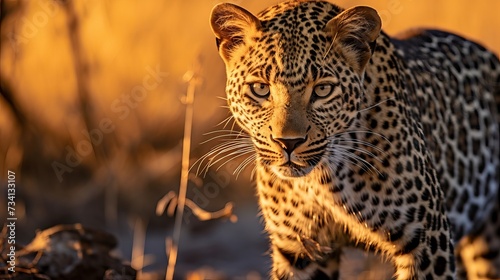Leopard sunset, Panthera pardus shortidgei, nature habitat, big wild cat in nature habitat, sunny day on the savannah, Okavango delta Botswana. Wildlife nature. Africa wildlife photo