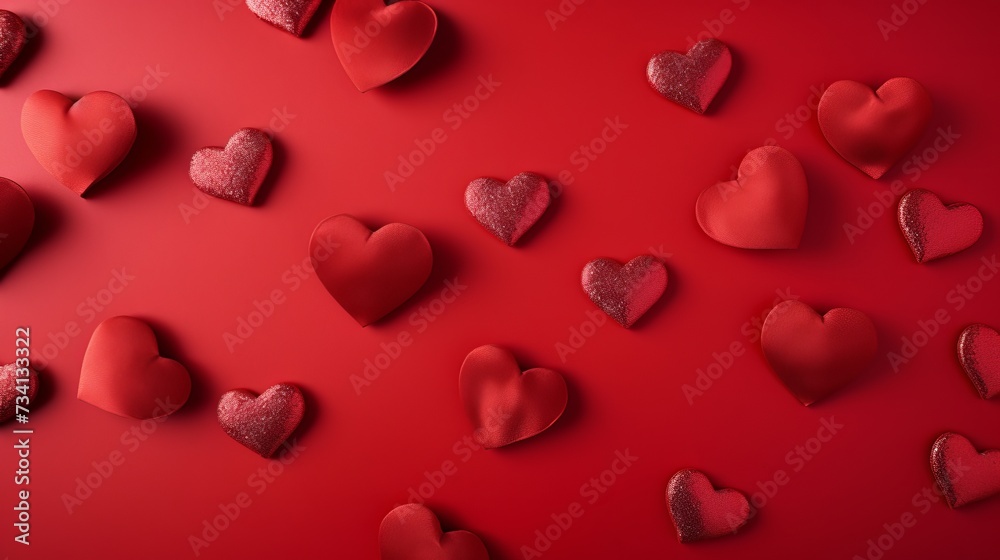 Many red hearts on a red background. Festive background. Background for design. Top view. St. Valentina