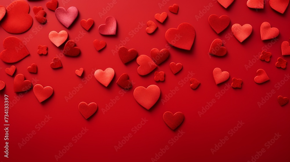 Many red hearts on a red background. Festive background. Background for design. Top view. St. Valentina