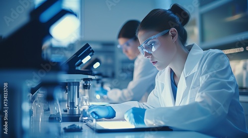 Modern Medical Research Laboratory: Two Female Scientists Working Using Digital Tablet, Analysing Biochemicals Samples. Scientific Lab for Medicine, Microbiology Development. Advanced Equipment