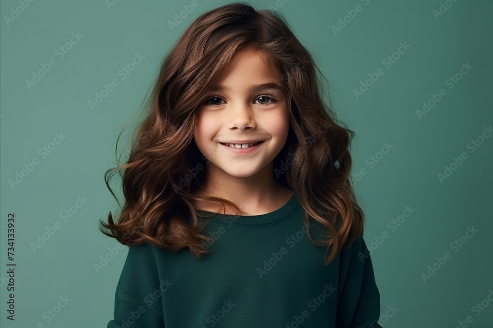 Portrait of a beautiful smiling little girl with long curly hair over green background Portrait of a beautiful smiling little girl with long curly hair over green background
