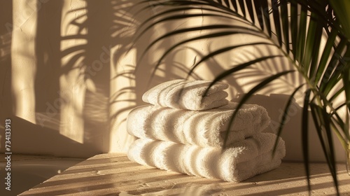 towels neatly folded and stacked on top of each other, placed on a blurred spa background, creating a serene ambiance with ample copy space for text or design.