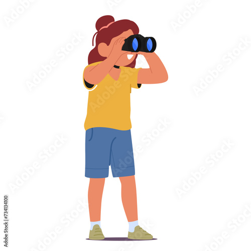Little Girl Peering Through Binoculars, Discovering A World Magnified. Imagination Soaring, Cartoon Child Explorer