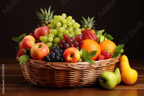 Fresh and healthy fruits in straw baskets  Fresh healthy fruits on the straw basket on a Dark background  Ai generated