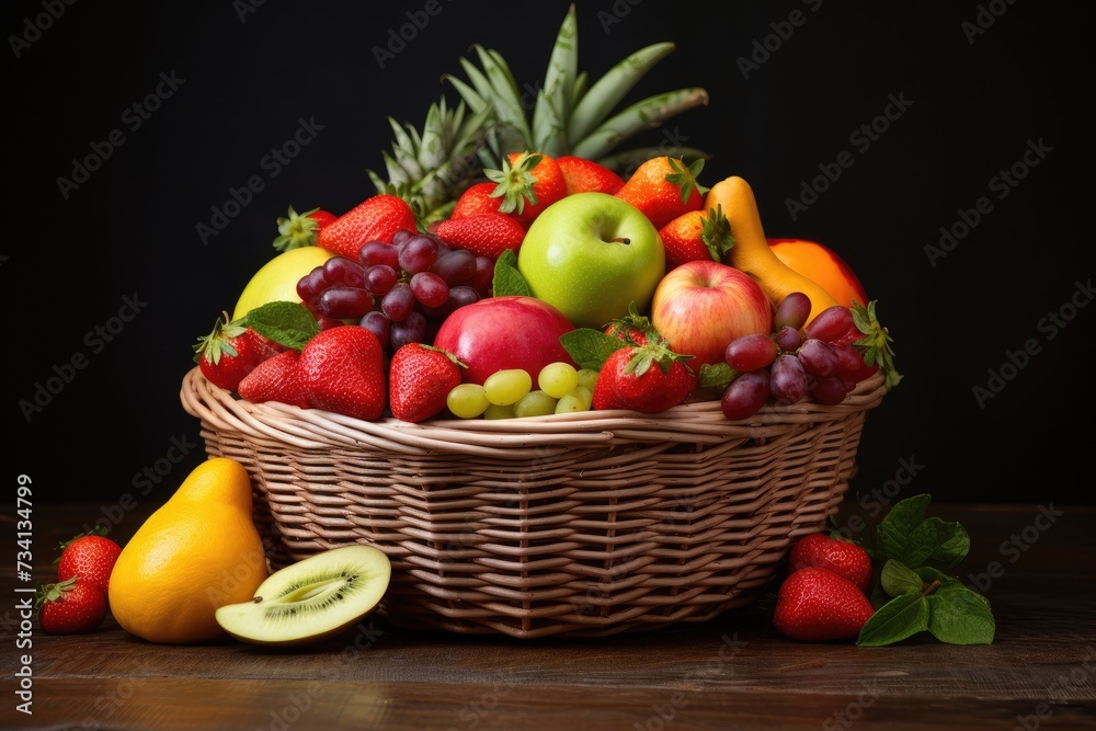 Fresh and healthy fruits in straw baskets, Fresh healthy fruits on the straw basket on a Dark background, Ai generated Fresh and healthy fruits in straw baskets, Fresh healthy fruits on the straw basket on a Dark background, Ai generated