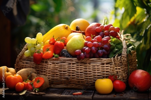 Fresh and healthy fruits in straw baskets, Fresh healthy fruits on the straw basket on a Dark background, Ai generated