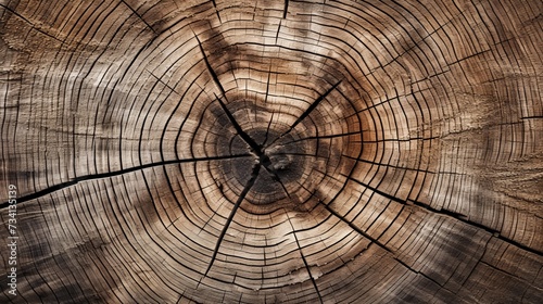 Old wooden oak tree cut surface. Detailed warm dark brown and orange tones of a felled tree trunk or stump. Rough organic texture of tree rings with close up of end grain