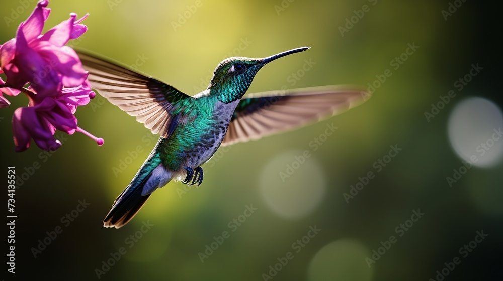 Obraz premium Panama bird wildlife. Green Violet-ear, Colibri thalassinus, hummingbird with green leaves in natural habitat, Panama. Green blue bird in the vegetation
