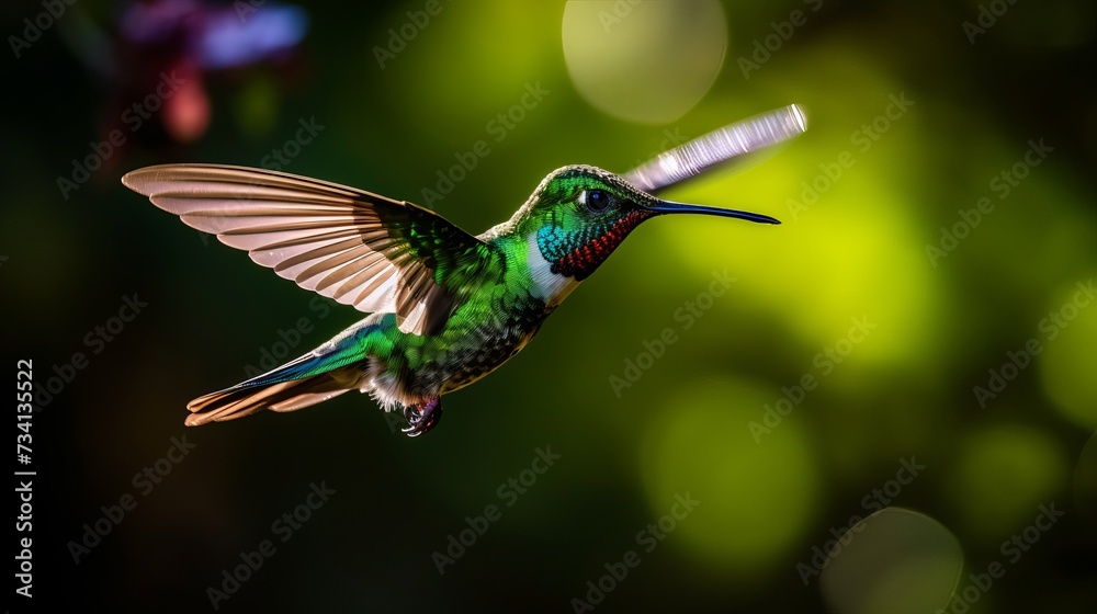 Fototapeta premium Panama bird wildlife. Green Violet-ear, Colibri thalassinus, hummingbird with green leaves in natural habitat, Panama. Green blue bird in the vegetation
