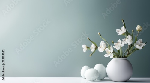 still-life. Ostrich eggs and flowers in a vase on the table. the concept of a bright Easter. A place for text  congratulations.