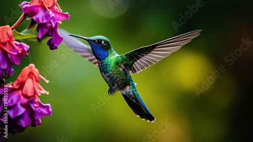 Panama bird wildlife. Green Violet-ear, Colibri thalassinus, hummingbird with green leaves in natural habitat, Panama. Green blue bird in the vegetation © Elchin Abilov