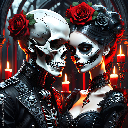 Couples in love often celebrate their adoration in various unique ways. Some might gravitate towards embracing an unconventional, gothic style, incorporating symbols such as skulls and skeletons into  photo