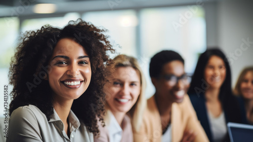 A group of diverse women working together, smiling