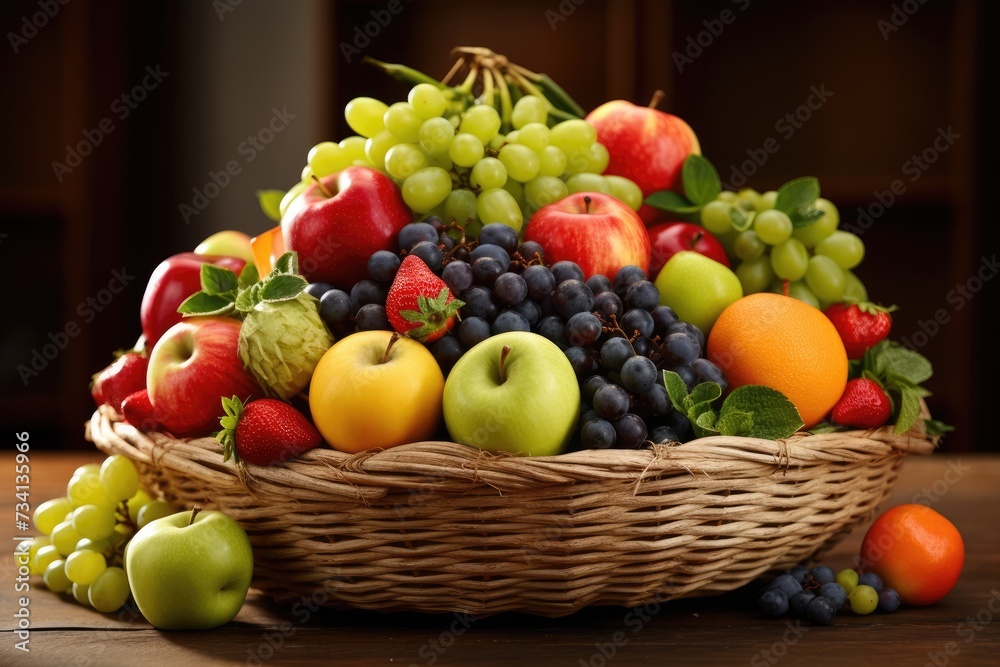 Fresh and healthy fruits in straw baskets, Fresh healthy fruits on the straw basket on a Dark background, Ai generated Fresh and healthy fruits in straw baskets, Fresh healthy fruits on the straw basket on a Dark background, Ai generated