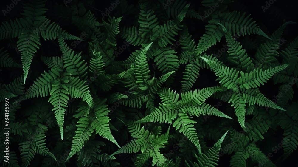 Perfect natural young fern leaves pattern background. Dark and moody feel. Top view. Copy space