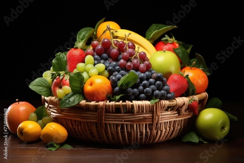 Fresh and healthy fruits in straw baskets, Fresh healthy fruits on the straw basket on a Dark background, Ai generated
