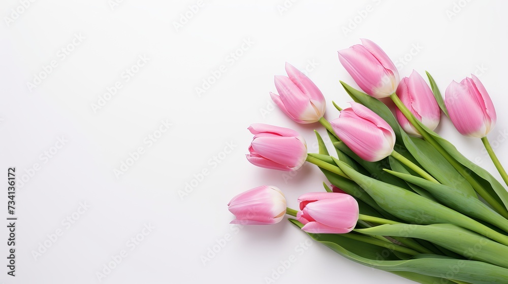 Pink tulip flowers bouquet on white background. Flat lay, top view