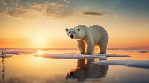 Polar bear on drift ice edge with snow and water in Norway sea. White animal in the nature habitat  Europe. Wildlife scene from nature. Dangerous bear walking on the ice  beautiful evening sky