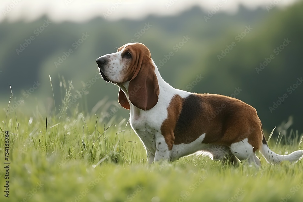 A Basset Hound dog standing in grass A Basset Hound dog standing in grass