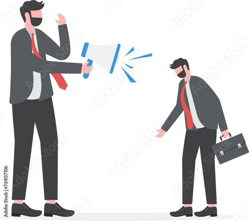 Reproach with businessmen. manager screaming in megaphone on man colleague

