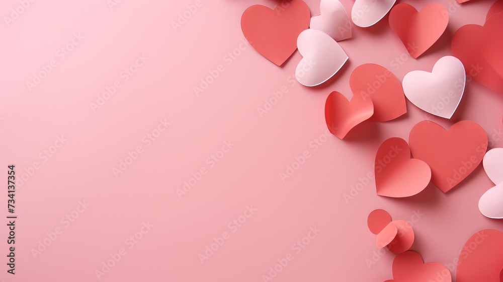 Red paper hearts on pink background. Valentine's day poster, vertical banner template
