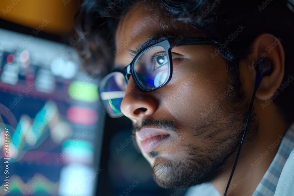 A person analyzing data on a colorful digital screen; their face is blurred for privacy. A person analyzing data on a colorful digital screen; their face is blurred for privacy.