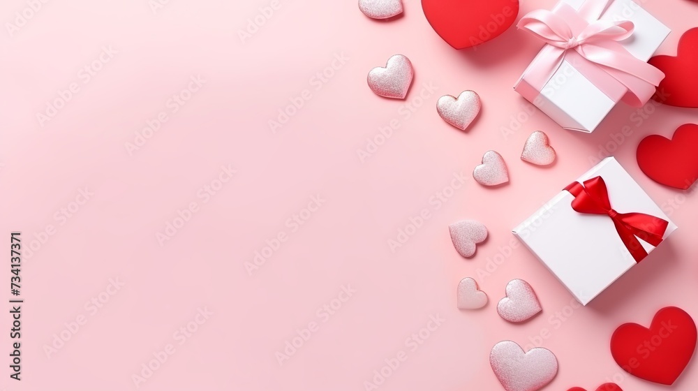 Saint Valentine day. Flat lay arrangement of red handmade felt hearts and gift boxes on pink background. Copy space